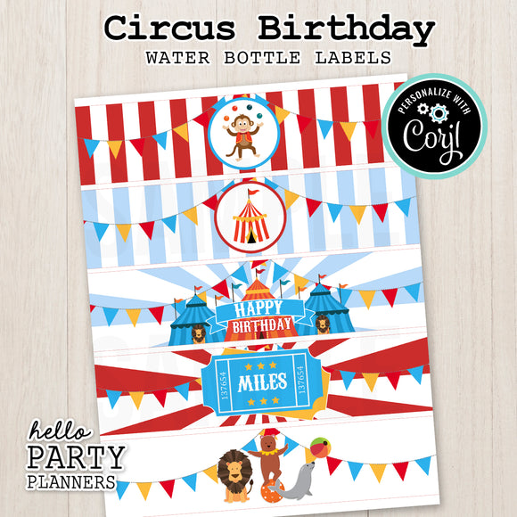 Circus Birthday Water Bottle Labels