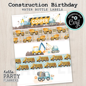 Construction Birthday Water Bottle Labels