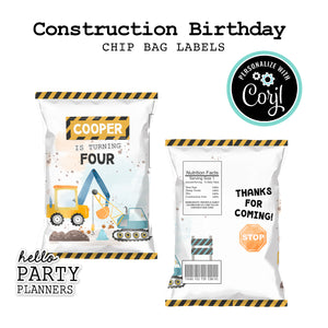 Construction Birthday Chip Bag Labels