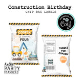 Construction Birthday Chip Bag Labels