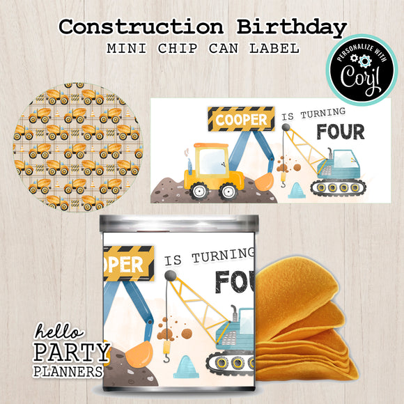 Construction Birthday Pringles Can Labels