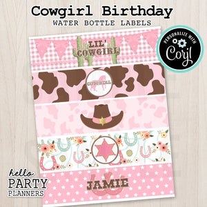 Cowgirl Birthday Water Bottle Labels