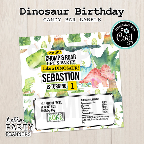 Dinosaur Birthday Chocolate Bar Labels